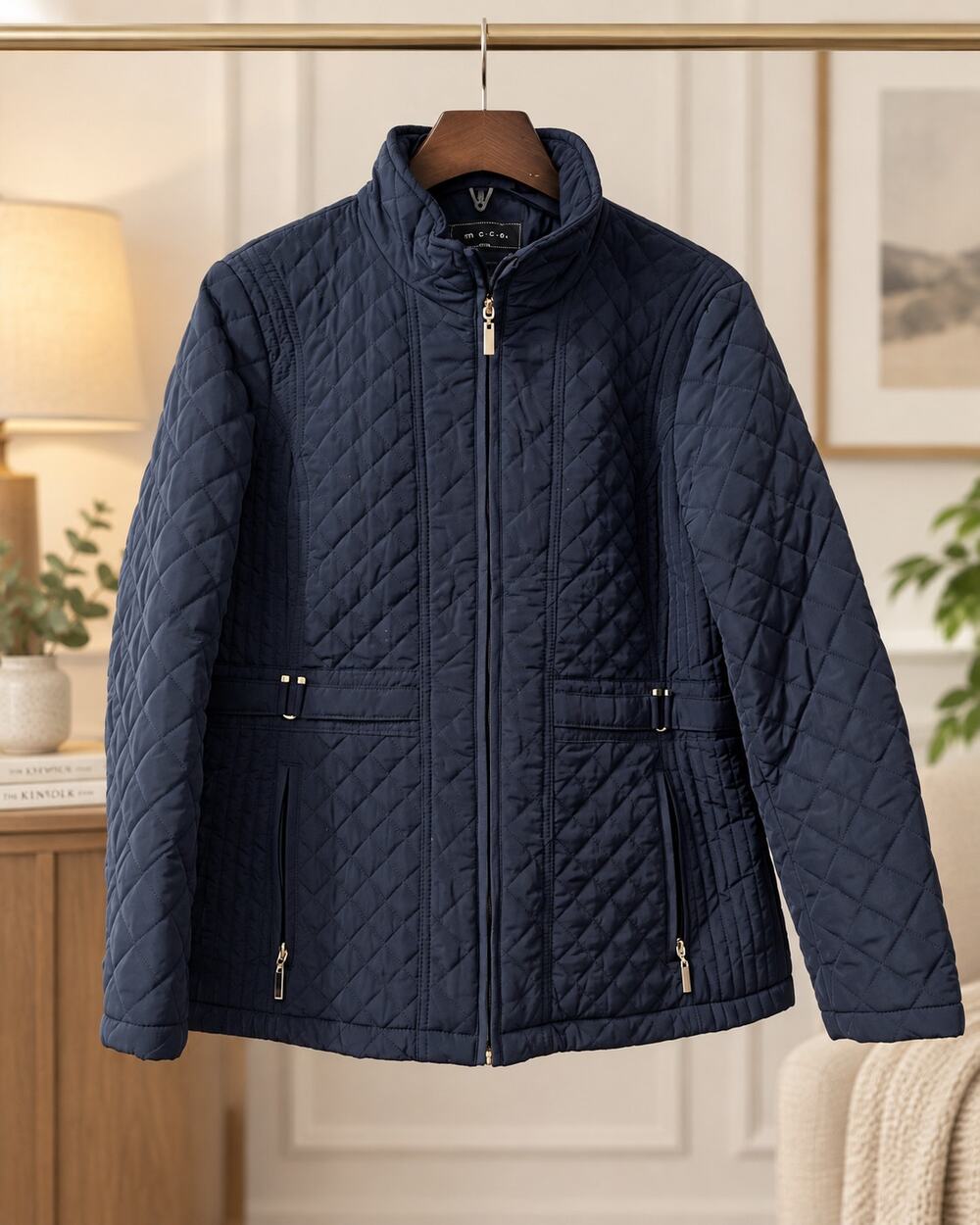 Giacca Women’s Navy Blue Quilted Jacket Full Zip Zip Pockets Size L
